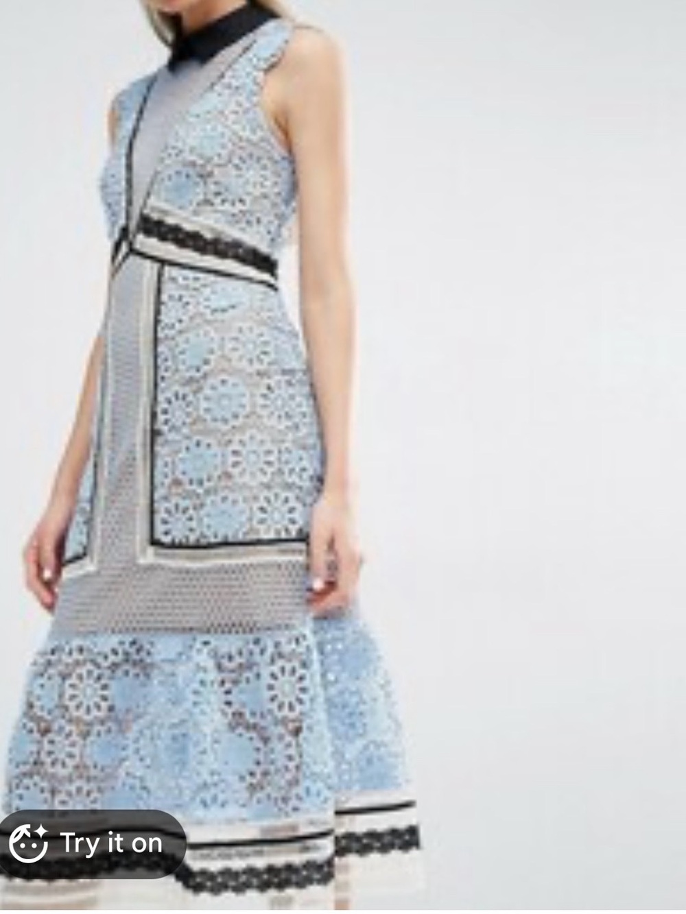 Self-Portrait Powder Blue Lace Midi Dress with Black Trim
